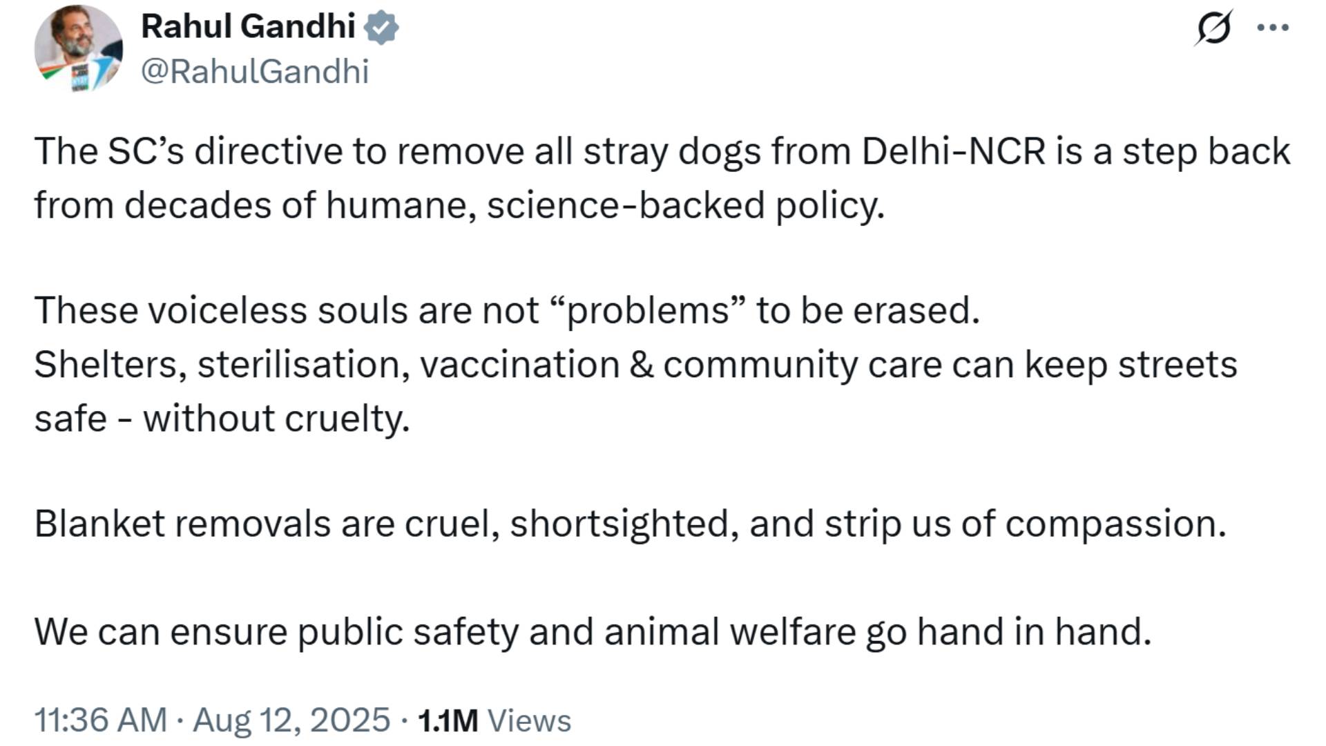 The SC’s directive to remove all stray dogs from Delhi-NCR is a step back from decades of humane, science-backed policy.  These voiceless souls are not “problems” to be erased. Shelters, sterilisation, vaccination & community care can keep streets safe - without cruelty.  Blanket removals are cruel, shortsighted, and strip us of compassion.  We can ensure public safety and animal welfare go hand in hand.