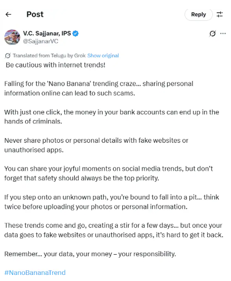 A tweet shared by IPS officer V.C. Sajjanar. (X/@SajjanarVC)